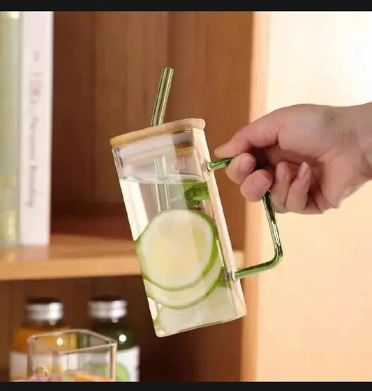 Square Glass Mug with Handle, Straw &amp; Bamboo Lid